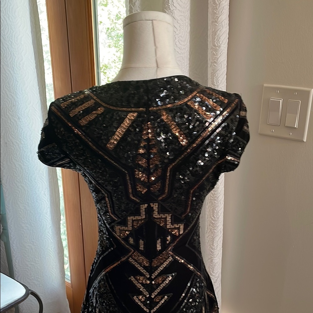 Express Bodycon Black and Gold Sequin Dress Snatched Fitted XS VEGAS - Picture 6 of 8